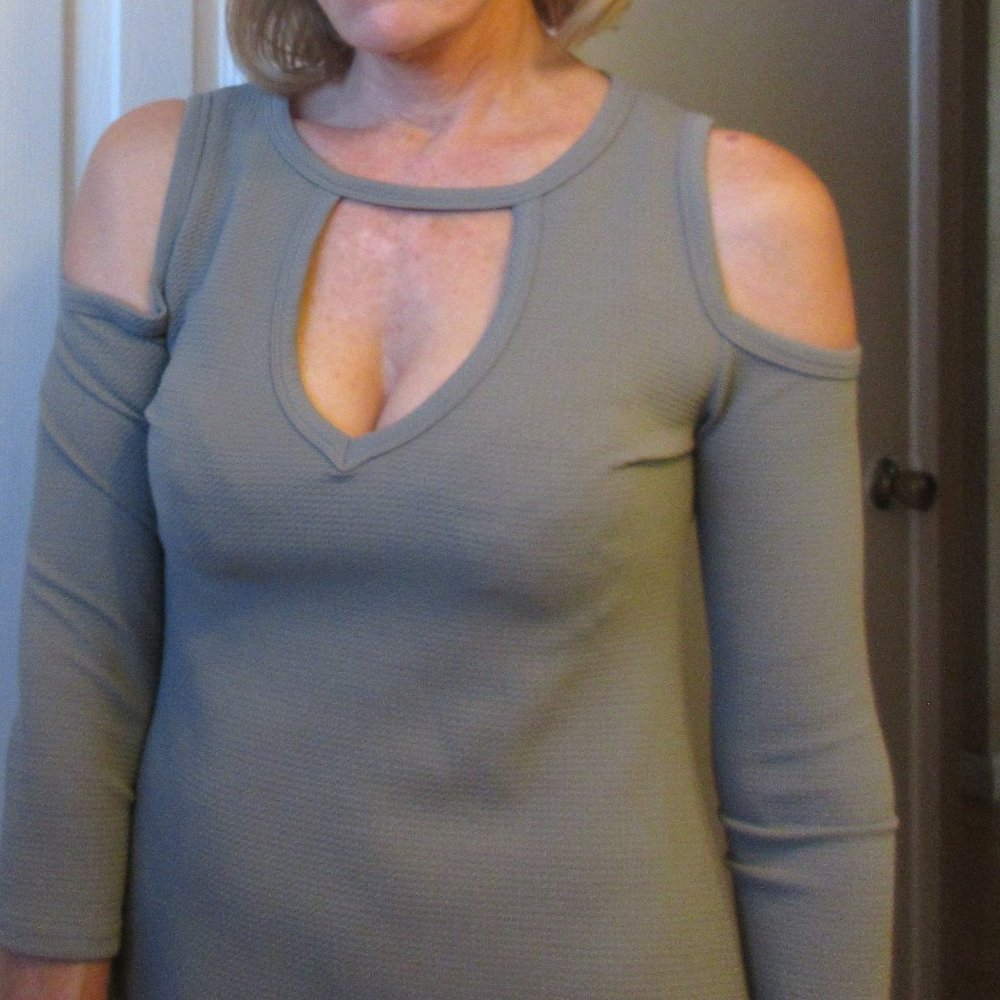 Tan Knit Fun Reversible Asymmetrical Cut Out sleeve Dress, size M